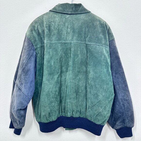 Green & Blue Suede Leather Bomber Jacket 80s Vintage Copper Key Size Medium - Picture 2 of 12
